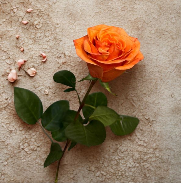 Orange rose flower with green leaves on textured surface featuring Repeated Refills by Infatuated