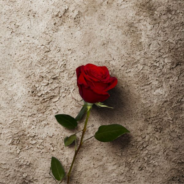 Single red rose with green leaves against a textured beige background symbolizing Repeated Refills by Infatuated