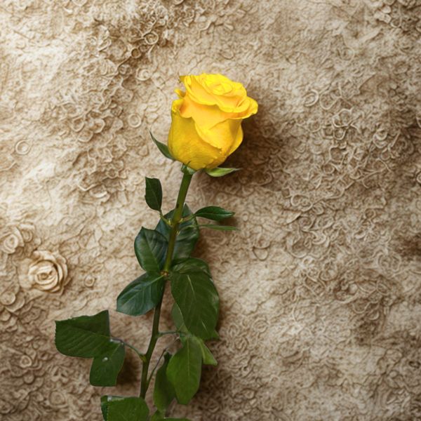 Single yellow rose with green leaves against a textured beige floral background showcasing Repeated Refills